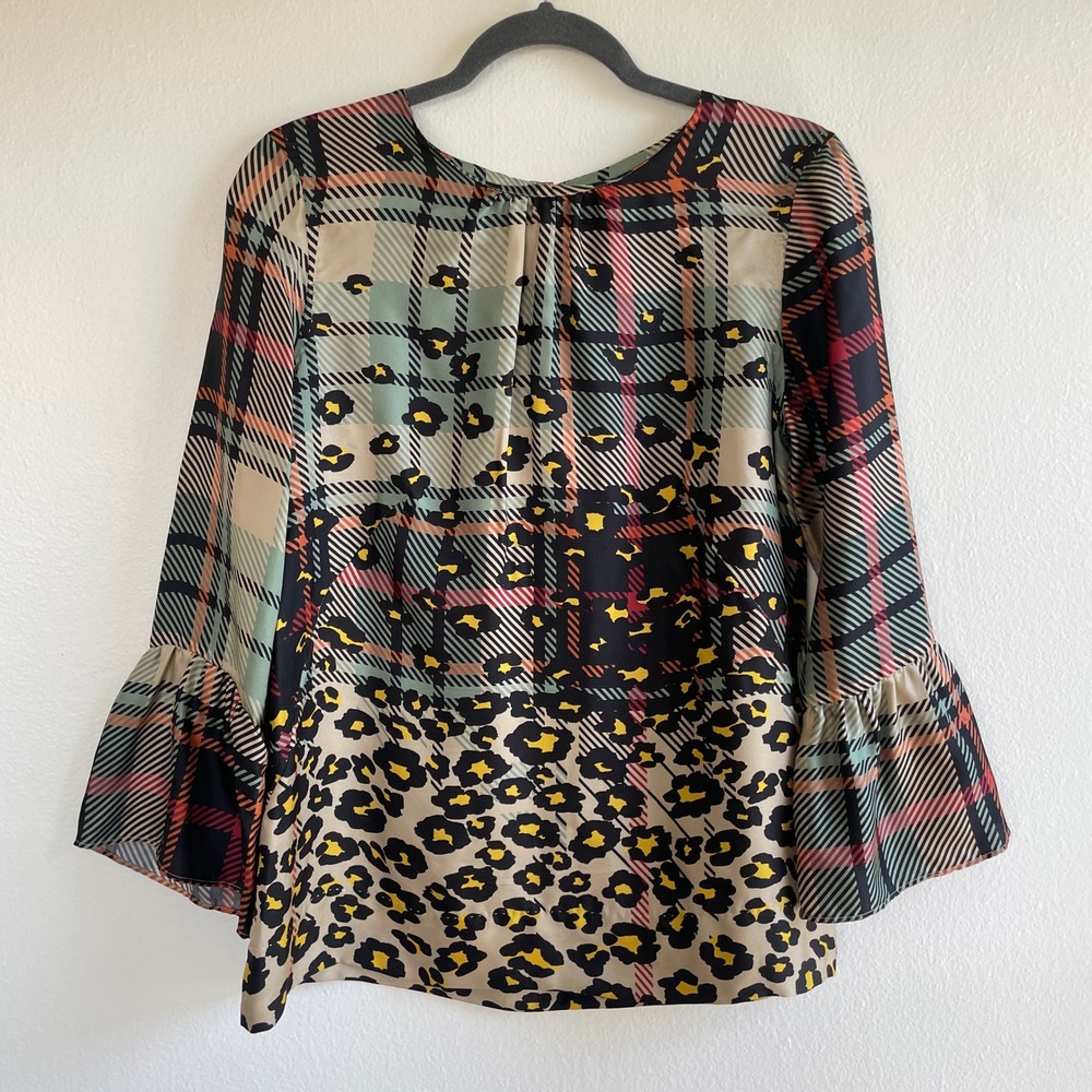 Le Sarte Pettegole Blouse Womens 6 Multicolor Silk Plaid Leopard Bell Sleeve Top